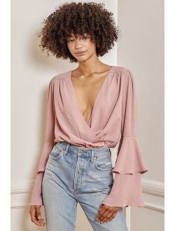 For the Moment Mauve Tiered Flounce Sleeve Surplice Bodysuit