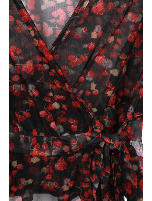 Lulus Signature Style Black Floral Print Sheer Ruffled Wrap Top