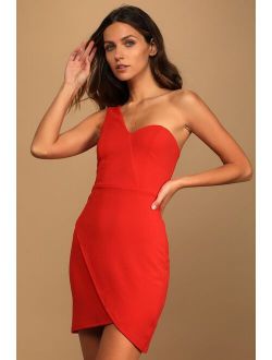 Get Gorgeous Red One-Shoulder Faux-Wrap Bodycon Mini Dress