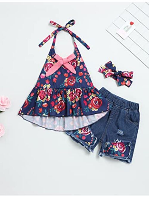 Toddler Girl Clothes Cute Sleeveless Rainbow Dress Camisole + Shorts Jeans + Headband Little Girls Summer Outfits Set