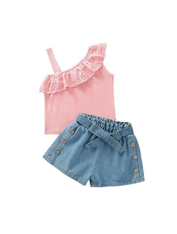 Toddler Baby Girl Summer Outfits Off Shoulder Shirt Top and Jeans Shorts Clothes Set