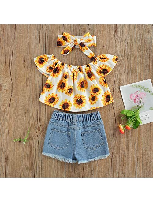 Toddler Baby Girl Summer Outfits Off Shoulder Shirt Top and Jeans Shorts Clothes Set