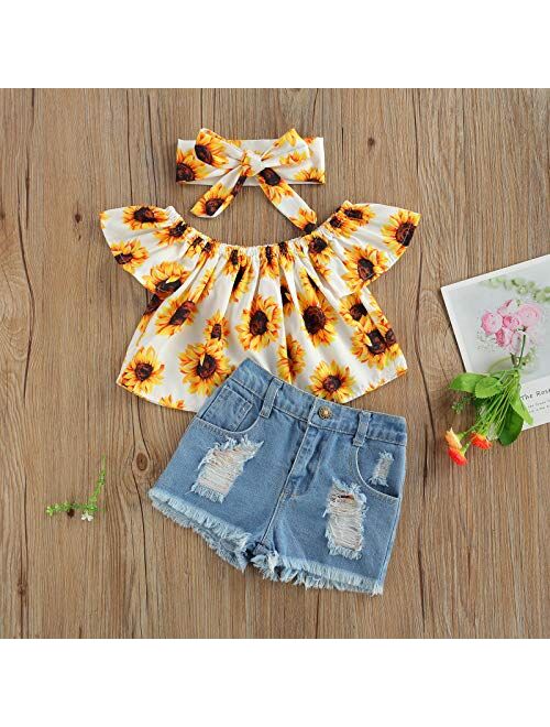 Toddler Baby Girl Summer Outfits Off Shoulder Shirt Top and Jeans Shorts Clothes Set