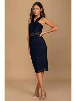 Cocktail Ready Navy Blue Crochet Lace Midi Dress