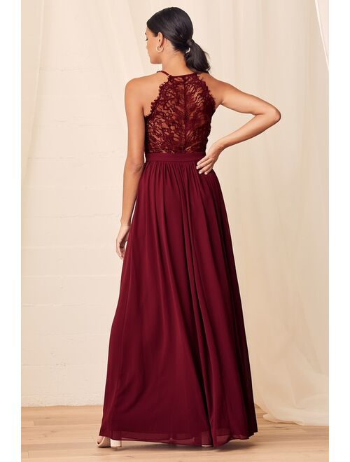 Lulus Love Spell Burgundy Lace-Back Maxi Dress