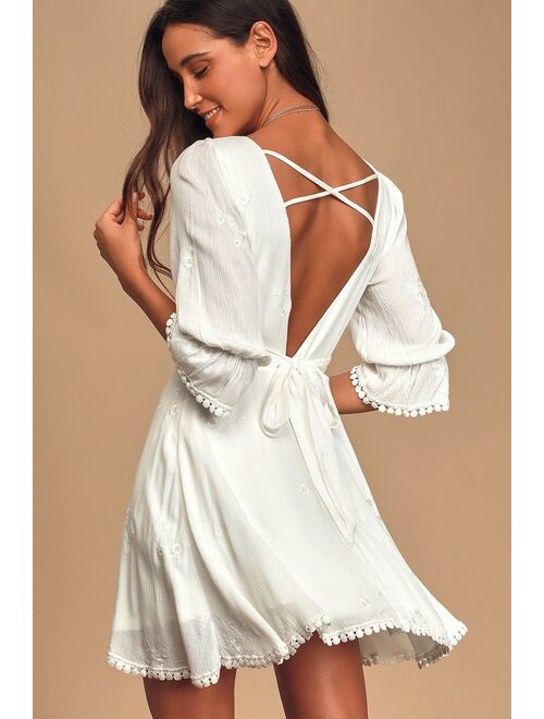 Lulus In the Meadow White Embroidered Backless Mini Dress