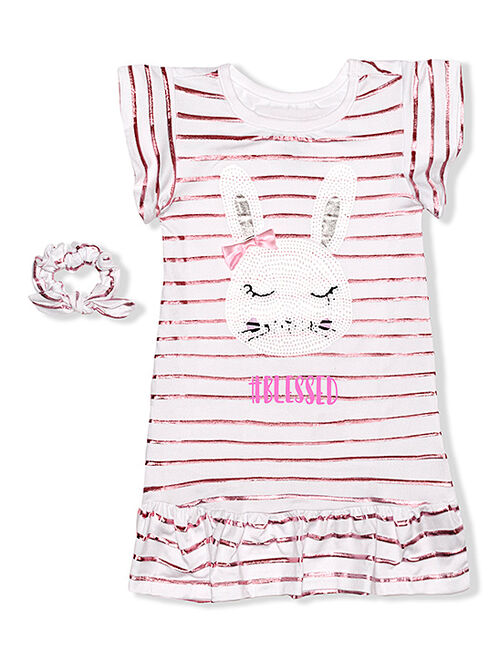 Sweet Dreams Pink Stripe 'Blessed' Bunny Nightgown & Scrunchie - Toddler & Girls