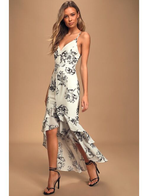 Lulus Darling Daylily Black and White Floral Print High-Low Maxi Dress