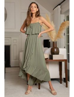 Sincerely Yours Olive Green Ruffled Midi Dress