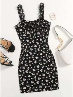 Frilled Strap Tie Front Ruched Bust Daisy Floral Dress