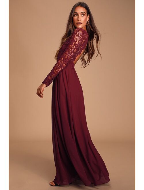 Lulus Awaken My Love Burgundy Long Sleeve Lace Maxi Dress