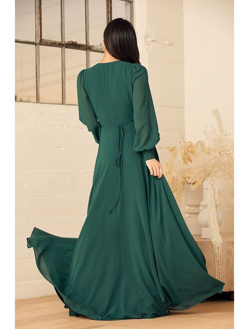 Lulus My Whole Heart Emerald Green Long Sleeve Wrap Dress