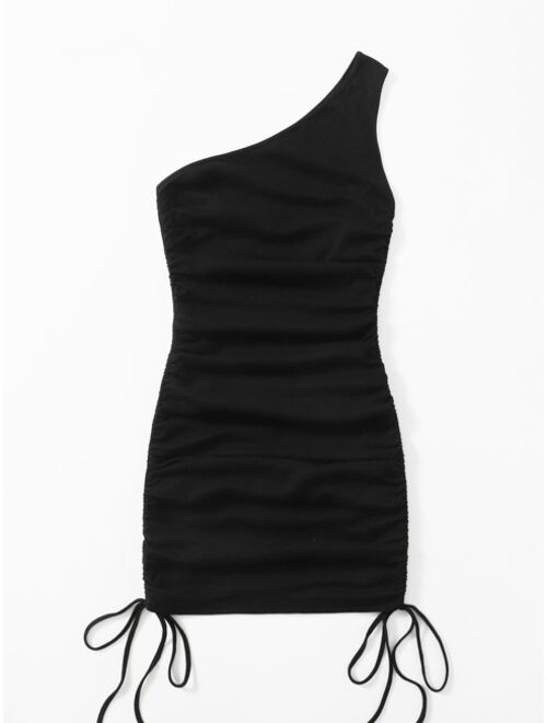 SHEIN One Shoulder Ruched Knot Side Bodycon Dress