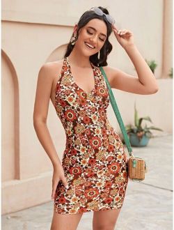 Self Tie Backless Allover Floral Dress