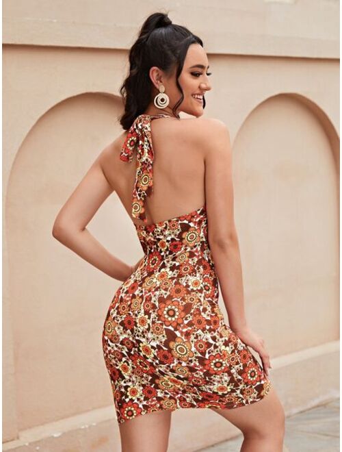SHEIN Self Tie Backless Allover Floral Dress