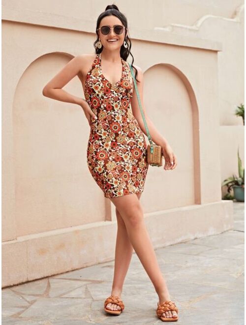 SHEIN Self Tie Backless Allover Floral Dress