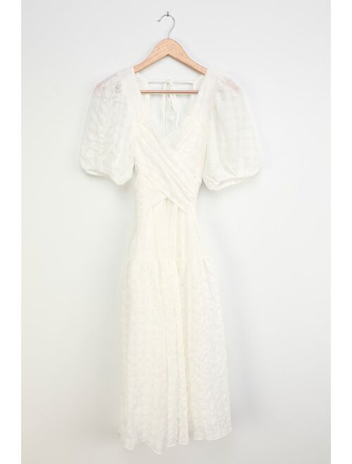 Lulus Hello Sweetheart White Puff Sleeve Tiered Midi Dress