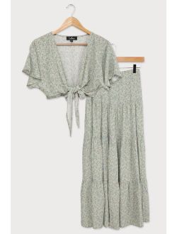 Sweet and Flirty Sage Green Floral Print Two-Piece Maxi Dress