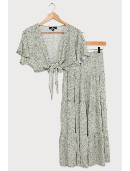 Lulus Sweet and Flirty Sage Green Floral Print Two-Piece Maxi Dress