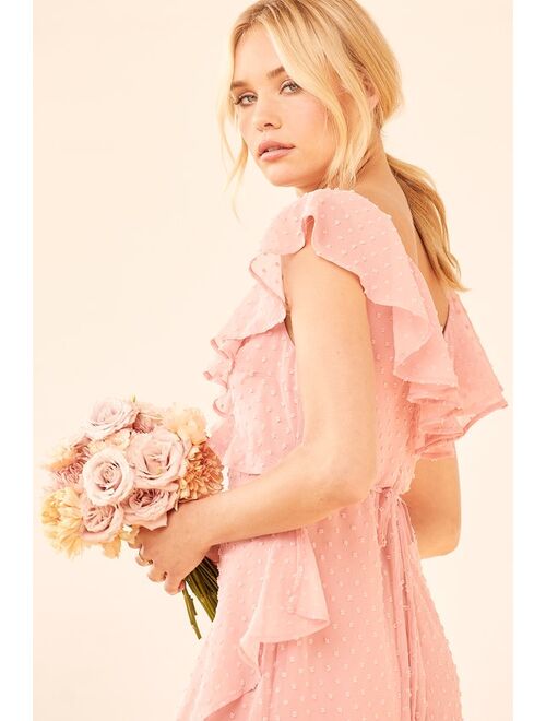 Lulus Fearless Love Rose Swiss Dot Ruffled Faux Wrap Maxi Dress