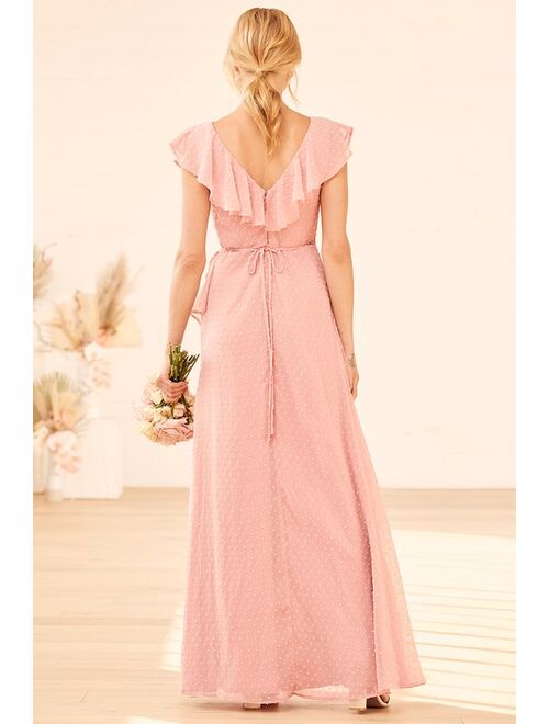 Lulus Fearless Love Rose Swiss Dot Ruffled Faux Wrap Maxi Dress