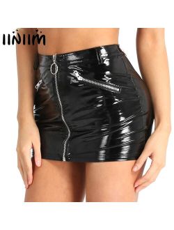 Women Ladies Wetlook Costumes Femme Skirts Stretchy Faux Leather Fake Zipper Pockets Bodycon Sexy Club Mini Skirt Party Clubwear