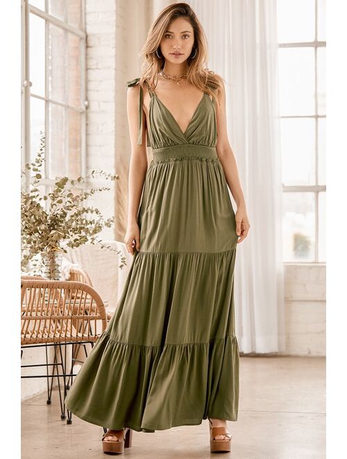 Lulus My Heart Goes Olive Green Tie-Strap Maxi Dress