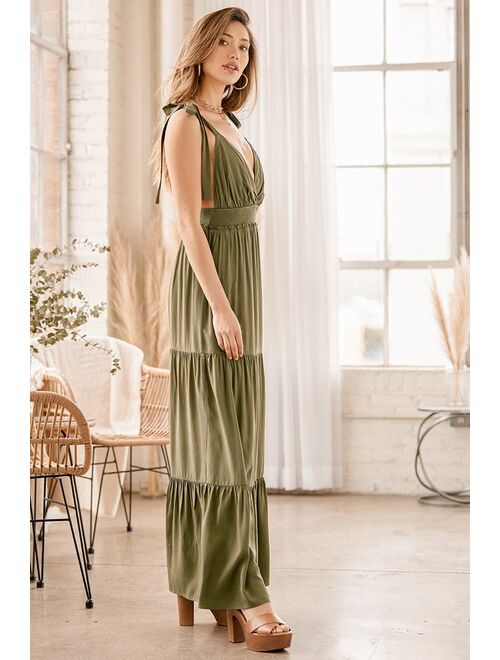 Lulus My Heart Goes Olive Green Tie-Strap Maxi Dress