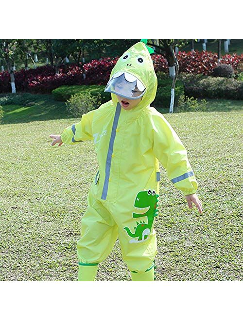 ActionEliters One Piece Kids Rain Suit Toddler Baby Boys Girls Raincoat Cartoon Dinosaur Waterproof Rainwear Hooded Rain Suit