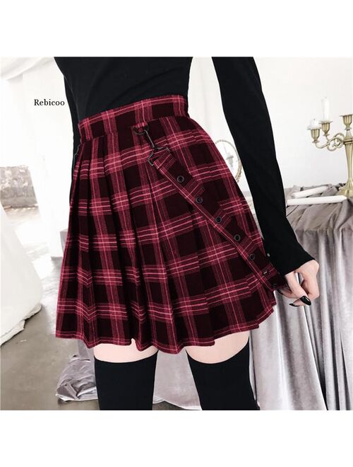 2021 New 5Colors Gothic Vintage Plaid Mini Skirt Women Suspender Strap Pleated A-line Skirts High Waist Casual Plus Size College