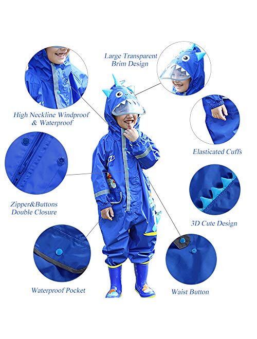 Flantor Kids One Piece Rain Suit Toddler RainCoat Waterproof Cartoon Jacket Outwear Rainwear