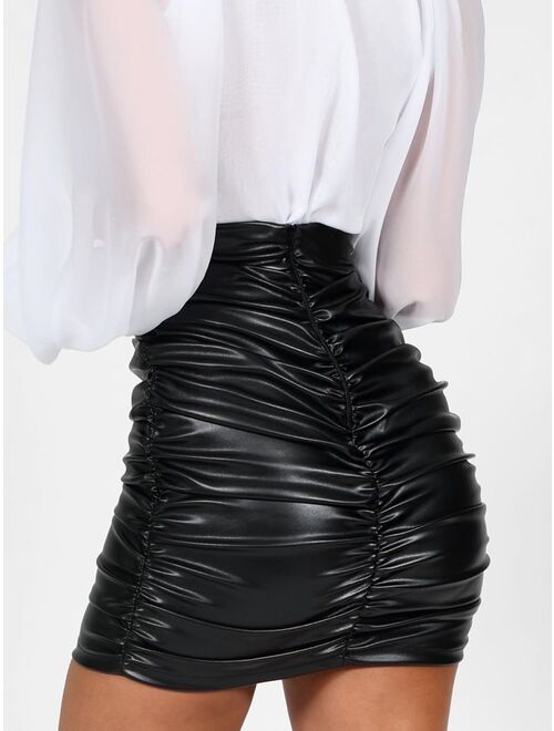 Women Pu Leather Kylie Skirt Sexy Ruched High Waist Black Short Mini Bottom Stretch Holiday Party Wear Skirts