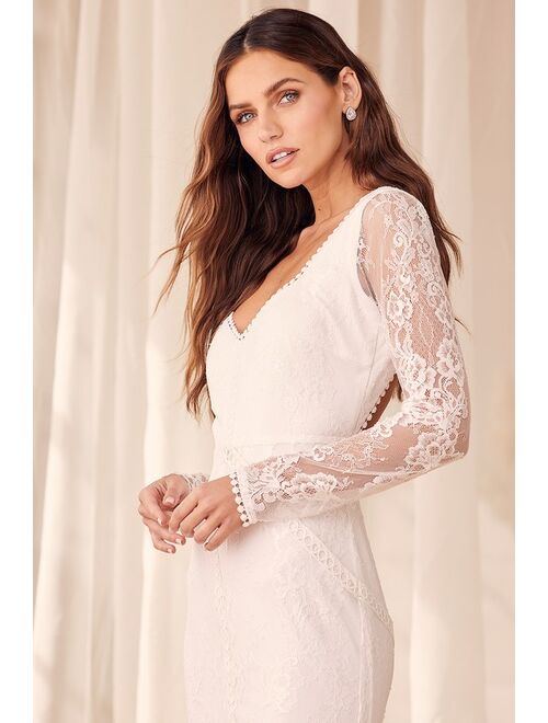 Lulus For An Eternity White Lace Backless Long Sleeve Maxi Dress