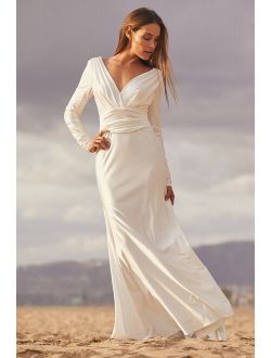 Magnificent Romance White Satin Long Sleeve Mermaid Maxi Dress