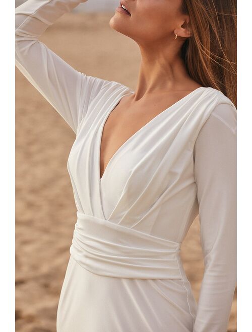 Lulus Magnificent Romance White Satin Long Sleeve Mermaid Maxi Dress