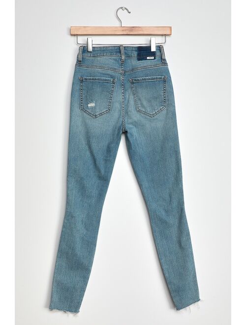 Lulus DAZE DENIM Moneymaker Light Blue Distressed High Rise Skinny Jeans
