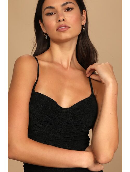 Lulus Boldest Babe Black Sparkly Ruched Bustier Bodycon Dress
