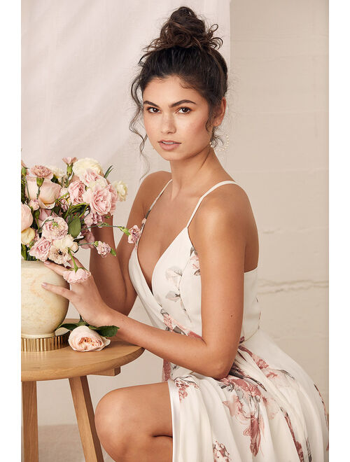 Lulus Elegantly Inclined Cream Floral Print Wrap Maxi Dress