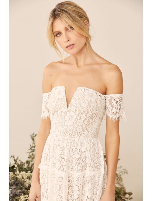Lulus Absolutely Stunning White Lace Off-the-Shoulder Midi Dress