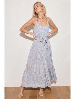 Sunny Bliss Light Blue Floral Print Tiered Maxi Dress
