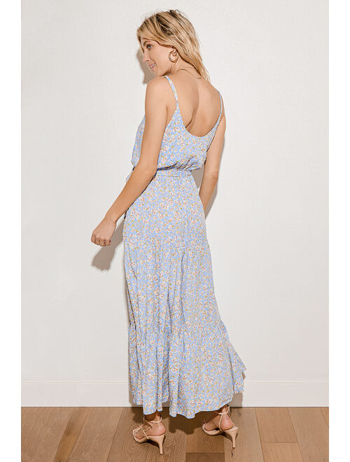 Lulus Sunny Bliss Light Blue Floral Print Tiered Maxi Dress