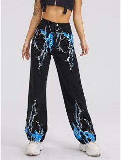 High Waist Lightning Print Straight Jeans