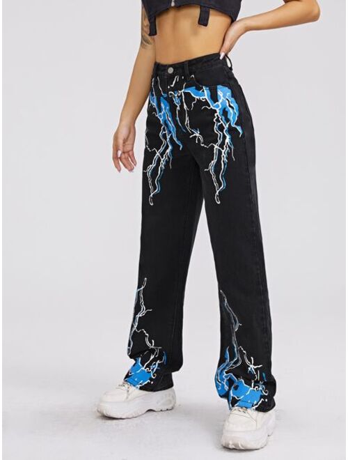 Shein High Waist Lightning Print Straight Jeans