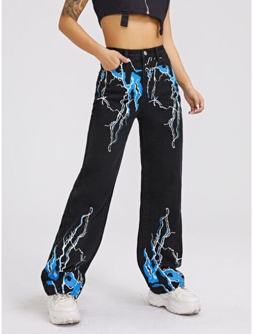 Shein High Waist Lightning Print Straight Jeans