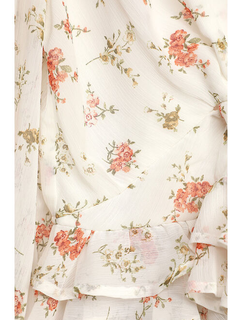 Lulus Sweetly Sun-Kissed Ivory Floral Print Twist-Front Peplum Top