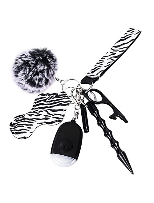 Self Defense Keychain Set for Women and Girls,Chargeable Personal Alarm with LED Light, Kubaton Window Breaker Tool, Pom Pom, Lip Balm Keychain, Emergency Whistle, Touchl