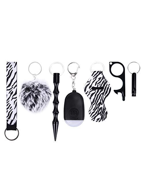 Self Defense Keychain Set for Women and Girls,Chargeable Personal Alarm with LED Light, Kubaton Window Breaker Tool, Pom Pom, Lip Balm Keychain, Emergency Whistle, Touchl