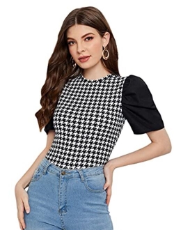 Women's Grid Office Blouse Work Top Puff Sleeve Shirt