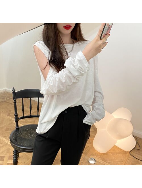 Off-the-Shoulder Long-Sleeved T-shirt for Women Loose Sexy Scheming New Design Sense All-Match Top Bottoming Shirt for Spring