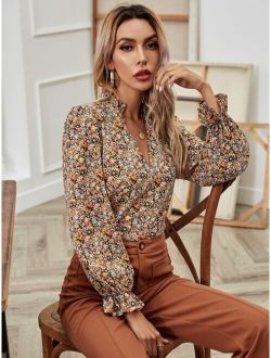 Notch Neck Puff Sleeve Ditsy Floral Blouse